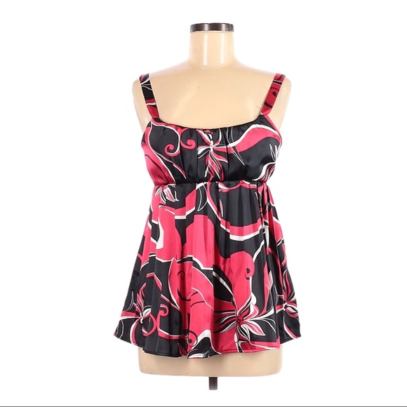 Y2K Rampage Babydoll Tank Top M Red Black Floral Print Sleeveless Empire Waist - Picture 1 of 3